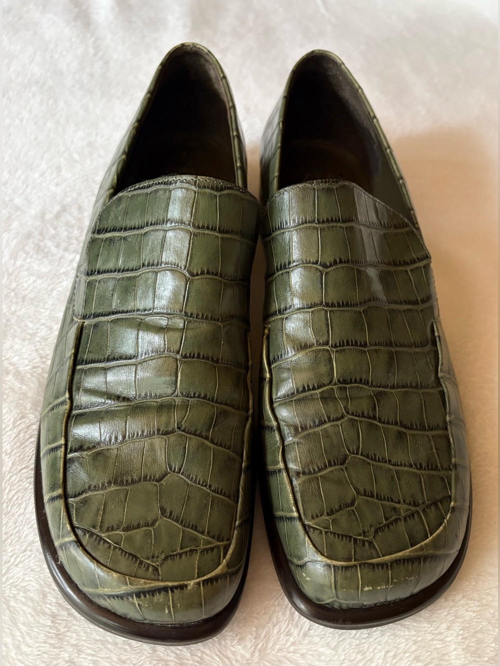 Franco Sarto Olive Green Croc-Embossed Leather Slip-On Loafers